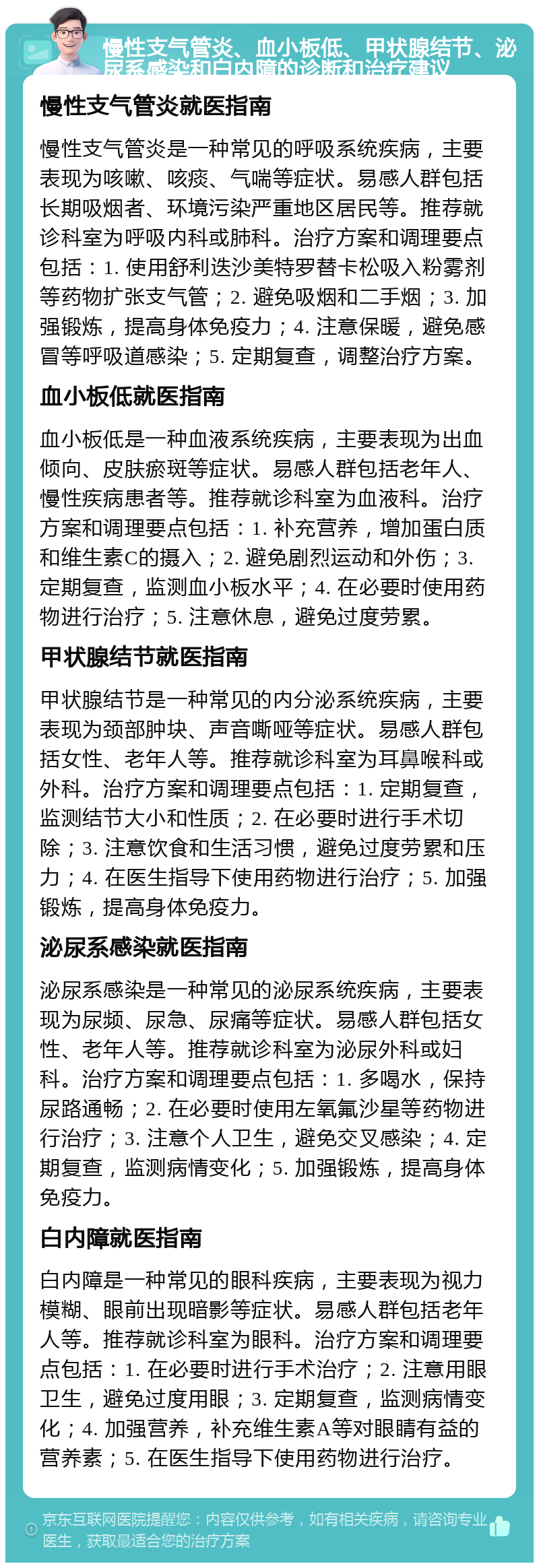 慢性支气管炎、血小板低、甲状腺结节、泌尿系感染和白内障的诊断和治疗建议 慢性支气管炎就医指南 慢性支气管炎是一种常见的呼吸系统疾病，主要表现为咳嗽、咳痰、气喘等症状。易感人群包括长期吸烟者、环境污染严重地区居民等。推荐就诊科室为呼吸内科或肺科。治疗方案和调理要点包括：1. 使用舒利迭沙美特罗替卡松吸入粉雾剂等药物扩张支气管；2. 避免吸烟和二手烟；3. 加强锻炼，提高身体免疫力；4. 注意保暖，避免感冒等呼吸道感染；5. 定期复查，调整治疗方案。 血小板低就医指南 血小板低是一种血液系统疾病，主要表现为出血倾向、皮肤瘀斑等症状。易感人群包括老年人、慢性疾病患者等。推荐就诊科室为血液科。治疗方案和调理要点包括：1. 补充营养，增加蛋白质和维生素C的摄入；2. 避免剧烈运动和外伤；3. 定期复查，监测血小板水平；4. 在必要时使用药物进行治疗；5. 注意休息，避免过度劳累。 甲状腺结节就医指南 甲状腺结节是一种常见的内分泌系统疾病，主要表现为颈部肿块、声音嘶哑等症状。易感人群包括女性、老年人等。推荐就诊科室为耳鼻喉科或外科。治疗方案和调理要点包括：1. 定期复查，监测结节大小和性质；2. 在必要时进行手术切除；3. 注意饮食和生活习惯，避免过度劳累和压力；4. 在医生指导下使用药物进行治疗；5. 加强锻炼，提高身体免疫力。 泌尿系感染就医指南 泌尿系感染是一种常见的泌尿系统疾病，主要表现为尿频、尿急、尿痛等症状。易感人群包括女性、老年人等。推荐就诊科室为泌尿外科或妇科。治疗方案和调理要点包括：1. 多喝水，保持尿路通畅；2. 在必要时使用左氧氟沙星等药物进行治疗；3. 注意个人卫生，避免交叉感染；4. 定期复查，监测病情变化；5. 加强锻炼，提高身体免疫力。 白内障就医指南 白内障是一种常见的眼科疾病，主要表现为视力模糊、眼前出现暗影等症状。易感人群包括老年人等。推荐就诊科室为眼科。治疗方案和调理要点包括：1. 在必要时进行手术治疗；2. 注意用眼卫生，避免过度用眼；3. 定期复查，监测病情变化；4. 加强营养，补充维生素A等对眼睛有益的营养素；5. 在医生指导下使用药物进行治疗。