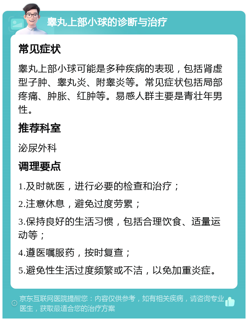 睾丸上部小球的诊断与治疗 常见症状 睾丸上部小球可能是多种疾病的表现，包括肾虚型子肿、睾丸炎、附睾炎等。常见症状包括局部疼痛、肿胀、红肿等。易感人群主要是青壮年男性。 推荐科室 泌尿外科 调理要点 1.及时就医，进行必要的检查和治疗； 2.注意休息，避免过度劳累； 3.保持良好的生活习惯，包括合理饮食、适量运动等； 4.遵医嘱服药，按时复查； 5.避免性生活过度频繁或不洁，以免加重炎症。