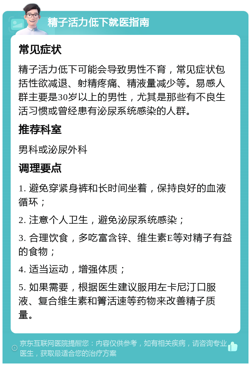 精子活力低下就医指南 常见症状 精子活力低下可能会导致男性不育，常见症状包括性欲减退、射精疼痛、精液量减少等。易感人群主要是30岁以上的男性，尤其是那些有不良生活习惯或曾经患有泌尿系统感染的人群。 推荐科室 男科或泌尿外科 调理要点 1. 避免穿紧身裤和长时间坐着，保持良好的血液循环； 2. 注意个人卫生，避免泌尿系统感染； 3. 合理饮食，多吃富含锌、维生素E等对精子有益的食物； 4. 适当运动，增强体质； 5. 如果需要，根据医生建议服用左卡尼汀口服液、复合维生素和箐活速等药物来改善精子质量。