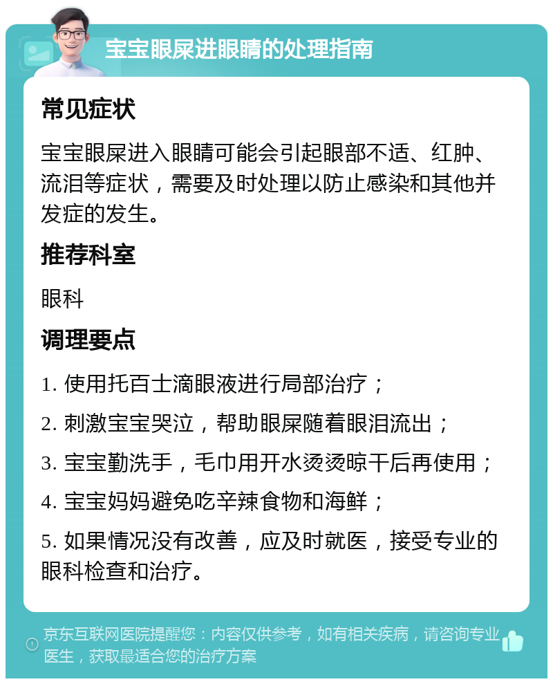 宝宝眼屎进眼睛的处理指南 常见症状 宝宝眼屎进入眼睛可能会引起眼部不适、红肿、流泪等症状，需要及时处理以防止感染和其他并发症的发生。 推荐科室 眼科 调理要点 1. 使用托百士滴眼液进行局部治疗； 2. 刺激宝宝哭泣，帮助眼屎随着眼泪流出； 3. 宝宝勤洗手，毛巾用开水烫烫晾干后再使用； 4. 宝宝妈妈避免吃辛辣食物和海鲜； 5. 如果情况没有改善，应及时就医，接受专业的眼科检查和治疗。