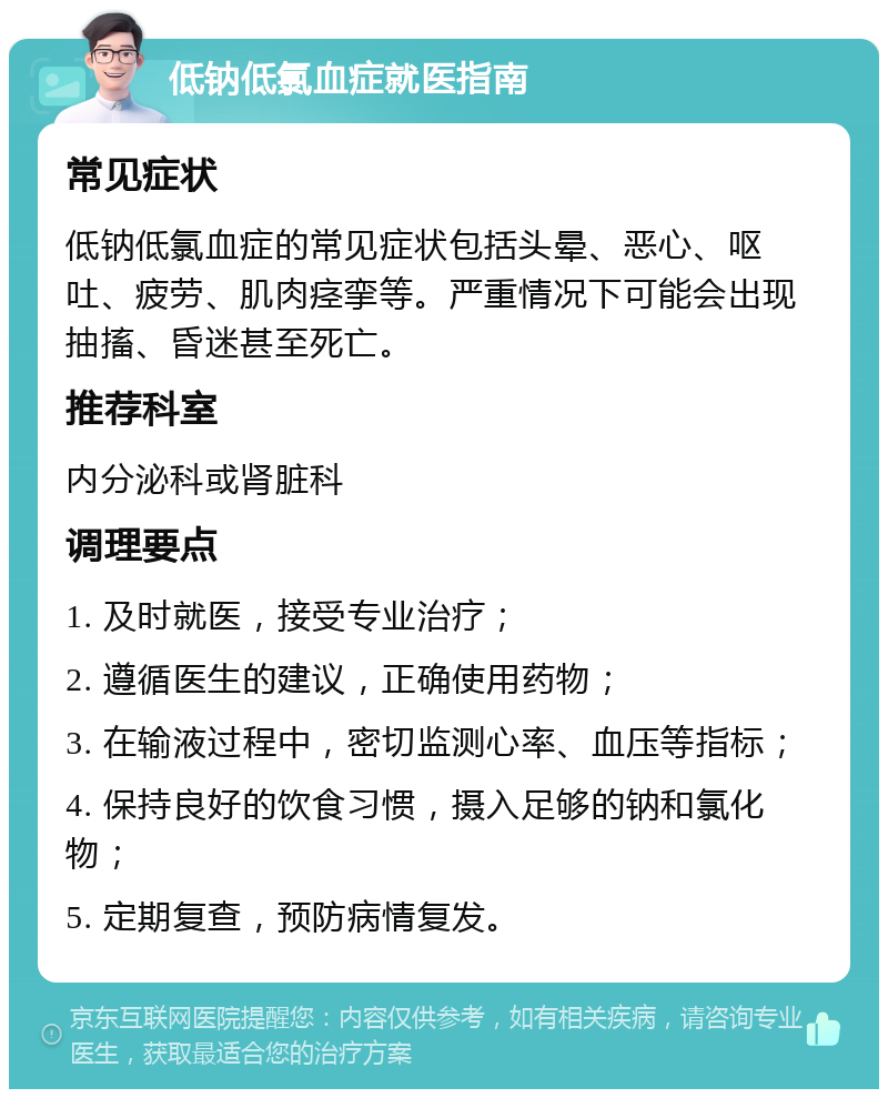 低钠低氯血症就医指南 常见症状 低钠低氯血症的常见症状包括头晕、恶心、呕吐、疲劳、肌肉痉挛等。严重情况下可能会出现抽搐、昏迷甚至死亡。 推荐科室 内分泌科或肾脏科 调理要点 1. 及时就医，接受专业治疗； 2. 遵循医生的建议，正确使用药物； 3. 在输液过程中，密切监测心率、血压等指标； 4. 保持良好的饮食习惯，摄入足够的钠和氯化物； 5. 定期复查，预防病情复发。