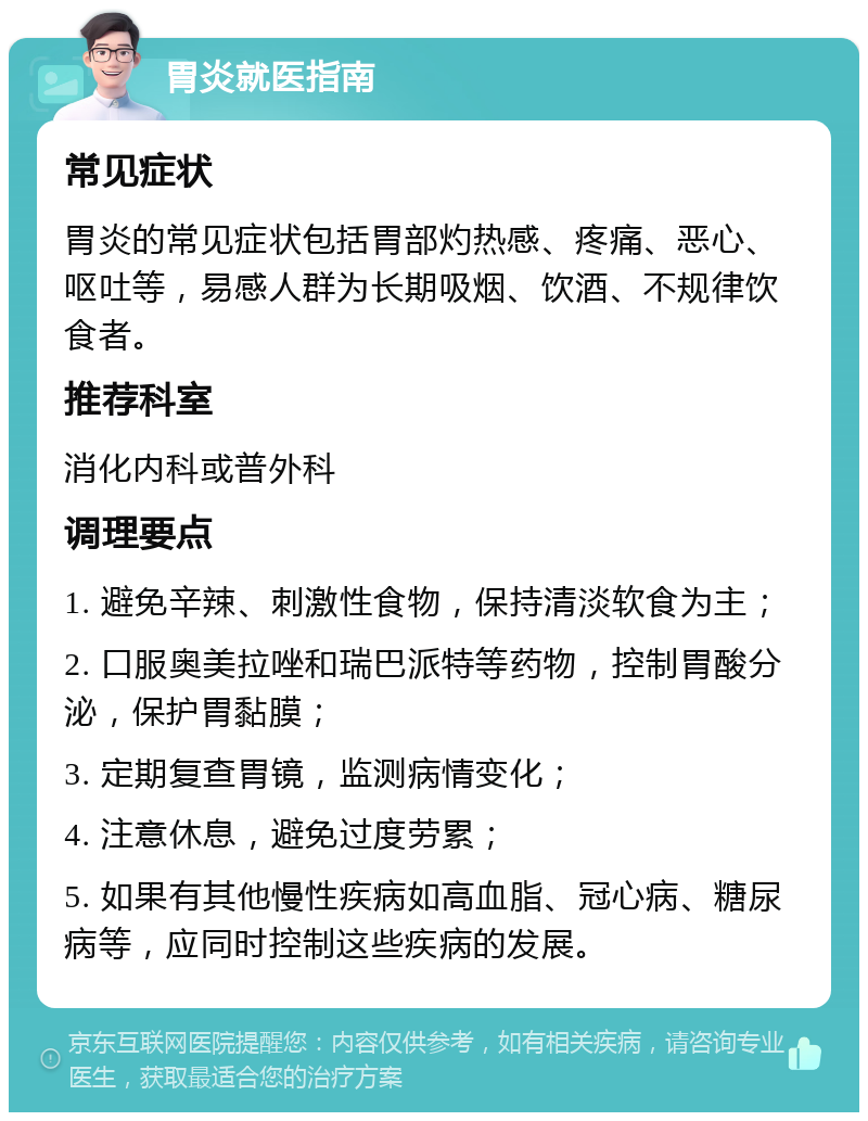 胃炎就医指南 常见症状 胃炎的常见症状包括胃部灼热感、疼痛、恶心、呕吐等，易感人群为长期吸烟、饮酒、不规律饮食者。 推荐科室 消化内科或普外科 调理要点 1. 避免辛辣、刺激性食物，保持清淡软食为主； 2. 口服奥美拉唑和瑞巴派特等药物，控制胃酸分泌，保护胃黏膜； 3. 定期复查胃镜，监测病情变化； 4. 注意休息，避免过度劳累； 5. 如果有其他慢性疾病如高血脂、冠心病、糖尿病等，应同时控制这些疾病的发展。