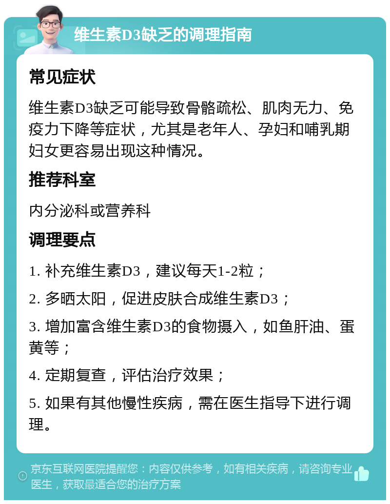 维生素D3缺乏的调理指南 常见症状 维生素D3缺乏可能导致骨骼疏松、肌肉无力、免疫力下降等症状，尤其是老年人、孕妇和哺乳期妇女更容易出现这种情况。 推荐科室 内分泌科或营养科 调理要点 1. 补充维生素D3，建议每天1-2粒； 2. 多晒太阳，促进皮肤合成维生素D3； 3. 增加富含维生素D3的食物摄入，如鱼肝油、蛋黄等； 4. 定期复查，评估治疗效果； 5. 如果有其他慢性疾病，需在医生指导下进行调理。