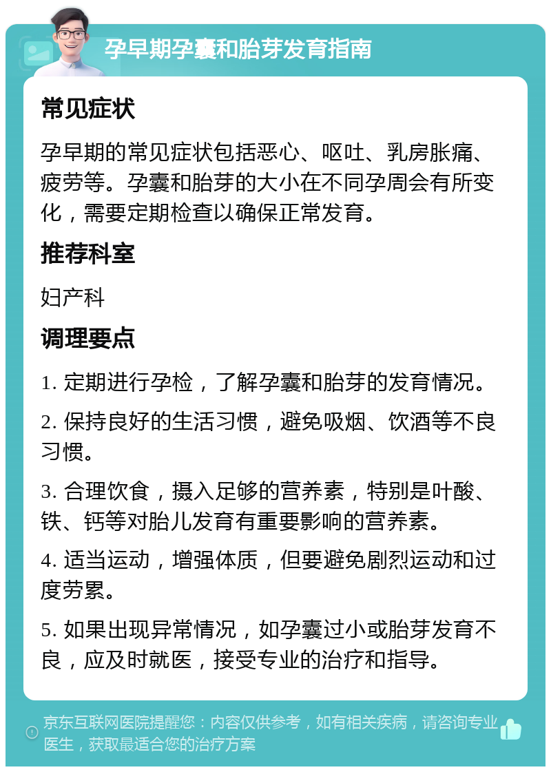 孕早期孕囊和胎芽发育指南 常见症状 孕早期的常见症状包括恶心、呕吐、乳房胀痛、疲劳等。孕囊和胎芽的大小在不同孕周会有所变化，需要定期检查以确保正常发育。 推荐科室 妇产科 调理要点 1. 定期进行孕检，了解孕囊和胎芽的发育情况。 2. 保持良好的生活习惯，避免吸烟、饮酒等不良习惯。 3. 合理饮食，摄入足够的营养素，特别是叶酸、铁、钙等对胎儿发育有重要影响的营养素。 4. 适当运动，增强体质，但要避免剧烈运动和过度劳累。 5. 如果出现异常情况，如孕囊过小或胎芽发育不良，应及时就医，接受专业的治疗和指导。