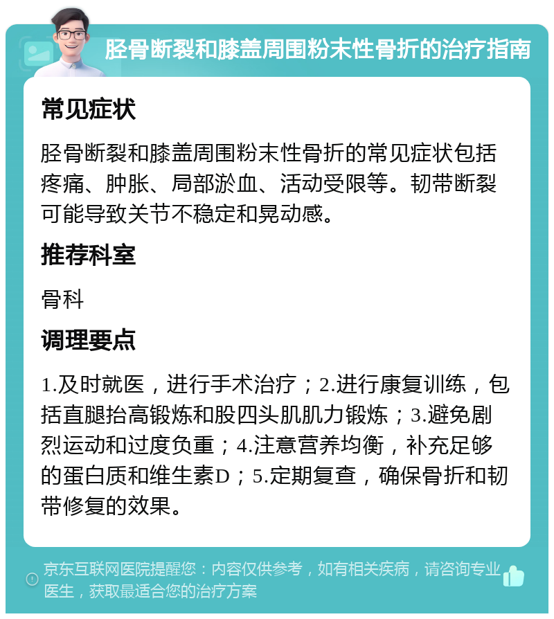 胫骨断裂和膝盖周围粉末性骨折的治疗指南 常见症状 胫骨断裂和膝盖周围粉末性骨折的常见症状包括疼痛、肿胀、局部淤血、活动受限等。韧带断裂可能导致关节不稳定和晃动感。 推荐科室 骨科 调理要点 1.及时就医，进行手术治疗；2.进行康复训练，包括直腿抬高锻炼和股四头肌肌力锻炼；3.避免剧烈运动和过度负重；4.注意营养均衡，补充足够的蛋白质和维生素D；5.定期复查，确保骨折和韧带修复的效果。