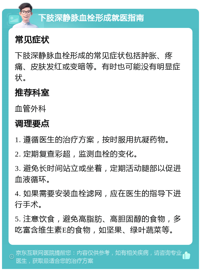 下肢深静脉血栓形成就医指南 常见症状 下肢深静脉血栓形成的常见症状包括肿胀、疼痛、皮肤发红或变暗等。有时也可能没有明显症状。 推荐科室 血管外科 调理要点 1. 遵循医生的治疗方案，按时服用抗凝药物。 2. 定期复查彩超，监测血栓的变化。 3. 避免长时间站立或坐着，定期活动腿部以促进血液循环。 4. 如果需要安装血栓滤网，应在医生的指导下进行手术。 5. 注意饮食，避免高脂肪、高胆固醇的食物，多吃富含维生素E的食物，如坚果、绿叶蔬菜等。