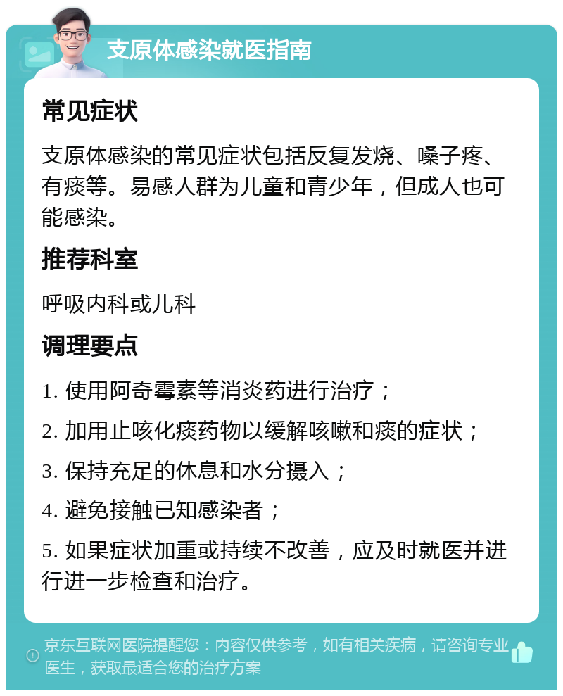 支原体感染就医指南 常见症状 支原体感染的常见症状包括反复发烧、嗓子疼、有痰等。易感人群为儿童和青少年，但成人也可能感染。 推荐科室 呼吸内科或儿科 调理要点 1. 使用阿奇霉素等消炎药进行治疗； 2. 加用止咳化痰药物以缓解咳嗽和痰的症状； 3. 保持充足的休息和水分摄入； 4. 避免接触已知感染者； 5. 如果症状加重或持续不改善，应及时就医并进行进一步检查和治疗。