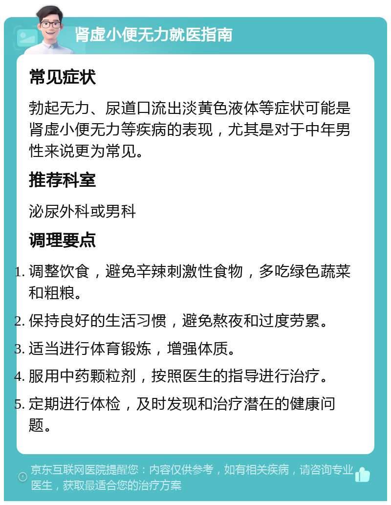 肾虚小便无力就医指南 常见症状 勃起无力、尿道口流出淡黄色液体等症状可能是肾虚小便无力等疾病的表现，尤其是对于中年男性来说更为常见。 推荐科室 泌尿外科或男科 调理要点 调整饮食，避免辛辣刺激性食物，多吃绿色蔬菜和粗粮。 保持良好的生活习惯，避免熬夜和过度劳累。 适当进行体育锻炼，增强体质。 服用中药颗粒剂，按照医生的指导进行治疗。 定期进行体检，及时发现和治疗潜在的健康问题。