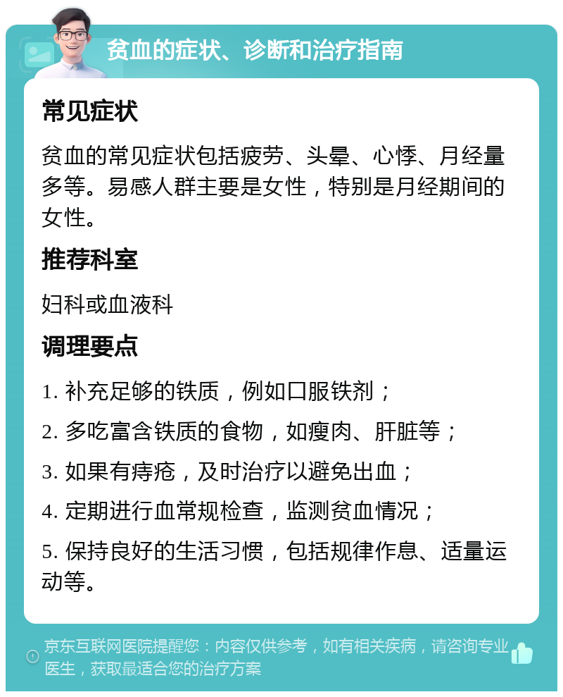 贫血的症状、诊断和治疗指南 常见症状 贫血的常见症状包括疲劳、头晕、心悸、月经量多等。易感人群主要是女性，特别是月经期间的女性。 推荐科室 妇科或血液科 调理要点 1. 补充足够的铁质，例如口服铁剂； 2. 多吃富含铁质的食物，如瘦肉、肝脏等； 3. 如果有痔疮，及时治疗以避免出血； 4. 定期进行血常规检查，监测贫血情况； 5. 保持良好的生活习惯，包括规律作息、适量运动等。