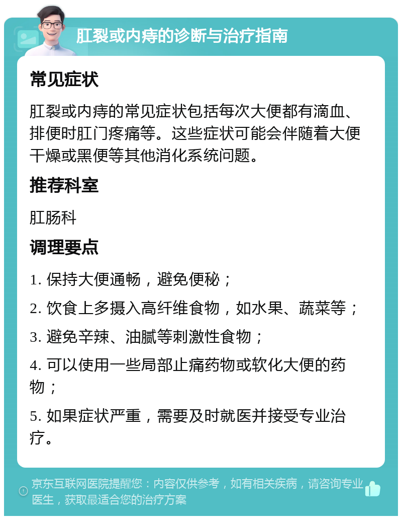 肛裂或内痔的诊断与治疗指南 常见症状 肛裂或内痔的常见症状包括每次大便都有滴血、排便时肛门疼痛等。这些症状可能会伴随着大便干燥或黑便等其他消化系统问题。 推荐科室 肛肠科 调理要点 1. 保持大便通畅，避免便秘； 2. 饮食上多摄入高纤维食物，如水果、蔬菜等； 3. 避免辛辣、油腻等刺激性食物； 4. 可以使用一些局部止痛药物或软化大便的药物； 5. 如果症状严重，需要及时就医并接受专业治疗。