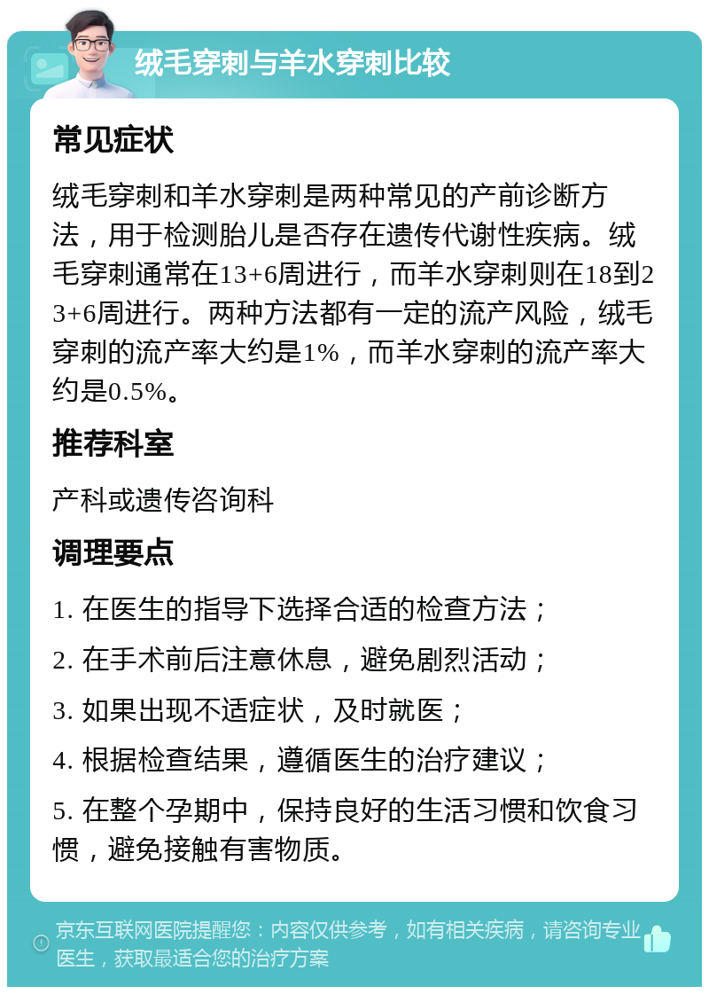 绒毛穿刺与羊水穿刺比较 常见症状 绒毛穿刺和羊水穿刺是两种常见的产前诊断方法，用于检测胎儿是否存在遗传代谢性疾病。绒毛穿刺通常在13+6周进行，而羊水穿刺则在18到23+6周进行。两种方法都有一定的流产风险，绒毛穿刺的流产率大约是1%，而羊水穿刺的流产率大约是0.5%。 推荐科室 产科或遗传咨询科 调理要点 1. 在医生的指导下选择合适的检查方法； 2. 在手术前后注意休息，避免剧烈活动； 3. 如果出现不适症状，及时就医； 4. 根据检查结果，遵循医生的治疗建议； 5. 在整个孕期中，保持良好的生活习惯和饮食习惯，避免接触有害物质。