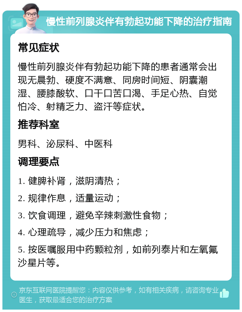 慢性前列腺炎伴有勃起功能下降的治疗指南 常见症状 慢性前列腺炎伴有勃起功能下降的患者通常会出现无晨勃、硬度不满意、同房时间短、阴囊潮湿、腰膝酸软、口干口苦口渴、手足心热、自觉怕冷、射精乏力、盗汗等症状。 推荐科室 男科、泌尿科、中医科 调理要点 1. 健脾补肾，滋阴清热； 2. 规律作息，适量运动； 3. 饮食调理，避免辛辣刺激性食物； 4. 心理疏导，减少压力和焦虑； 5. 按医嘱服用中药颗粒剂，如前列泰片和左氧氟沙星片等。