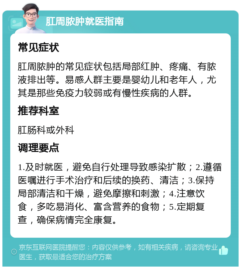 肛周脓肿就医指南 常见症状 肛周脓肿的常见症状包括局部红肿、疼痛、有脓液排出等。易感人群主要是婴幼儿和老年人，尤其是那些免疫力较弱或有慢性疾病的人群。 推荐科室 肛肠科或外科 调理要点 1.及时就医，避免自行处理导致感染扩散；2.遵循医嘱进行手术治疗和后续的换药、清洁；3.保持局部清洁和干燥，避免摩擦和刺激；4.注意饮食，多吃易消化、富含营养的食物；5.定期复查，确保病情完全康复。