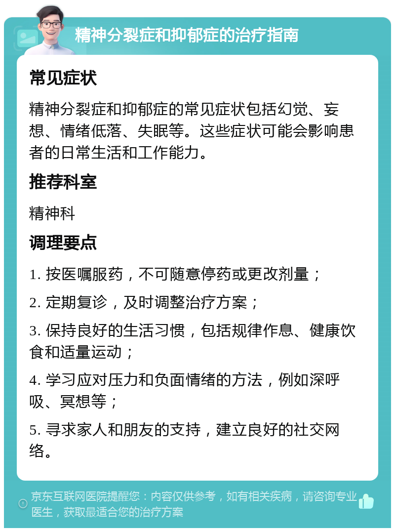 精神分裂症和抑郁症的治疗指南 常见症状 精神分裂症和抑郁症的常见症状包括幻觉、妄想、情绪低落、失眠等。这些症状可能会影响患者的日常生活和工作能力。 推荐科室 精神科 调理要点 1. 按医嘱服药，不可随意停药或更改剂量； 2. 定期复诊，及时调整治疗方案； 3. 保持良好的生活习惯，包括规律作息、健康饮食和适量运动； 4. 学习应对压力和负面情绪的方法，例如深呼吸、冥想等； 5. 寻求家人和朋友的支持，建立良好的社交网络。