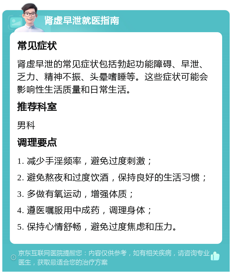 肾虚早泄就医指南 常见症状 肾虚早泄的常见症状包括勃起功能障碍、早泄、乏力、精神不振、头晕嗜睡等。这些症状可能会影响性生活质量和日常生活。 推荐科室 男科 调理要点 1. 减少手淫频率，避免过度刺激； 2. 避免熬夜和过度饮酒，保持良好的生活习惯； 3. 多做有氧运动，增强体质； 4. 遵医嘱服用中成药，调理身体； 5. 保持心情舒畅，避免过度焦虑和压力。