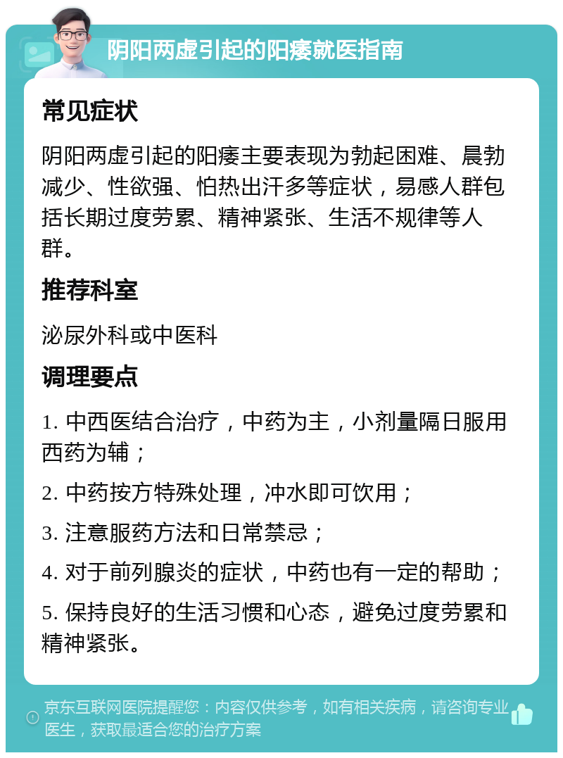 阴阳两虚引起的阳痿就医指南 常见症状 阴阳两虚引起的阳痿主要表现为勃起困难、晨勃减少、性欲强、怕热出汗多等症状，易感人群包括长期过度劳累、精神紧张、生活不规律等人群。 推荐科室 泌尿外科或中医科 调理要点 1. 中西医结合治疗，中药为主，小剂量隔日服用西药为辅； 2. 中药按方特殊处理，冲水即可饮用； 3. 注意服药方法和日常禁忌； 4. 对于前列腺炎的症状，中药也有一定的帮助； 5. 保持良好的生活习惯和心态，避免过度劳累和精神紧张。