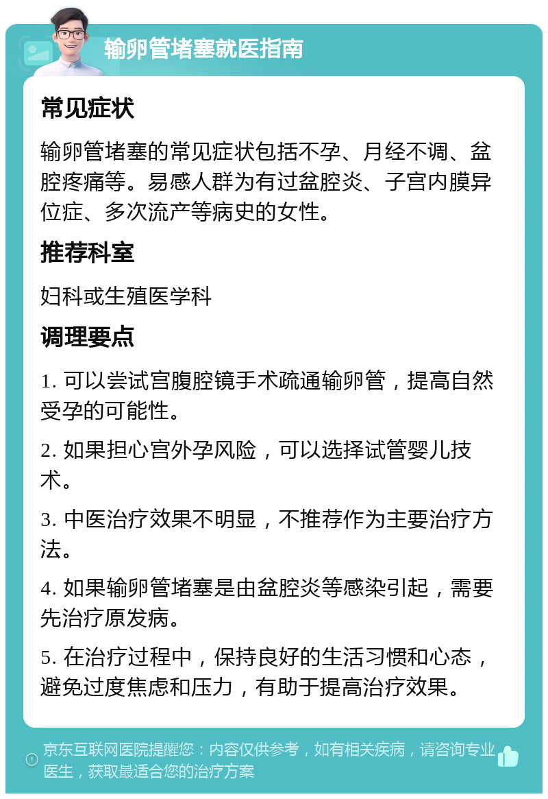 输卵管堵塞就医指南 常见症状 输卵管堵塞的常见症状包括不孕、月经不调、盆腔疼痛等。易感人群为有过盆腔炎、子宫内膜异位症、多次流产等病史的女性。 推荐科室 妇科或生殖医学科 调理要点 1. 可以尝试宫腹腔镜手术疏通输卵管，提高自然受孕的可能性。 2. 如果担心宫外孕风险，可以选择试管婴儿技术。 3. 中医治疗效果不明显，不推荐作为主要治疗方法。 4. 如果输卵管堵塞是由盆腔炎等感染引起，需要先治疗原发病。 5. 在治疗过程中，保持良好的生活习惯和心态，避免过度焦虑和压力，有助于提高治疗效果。