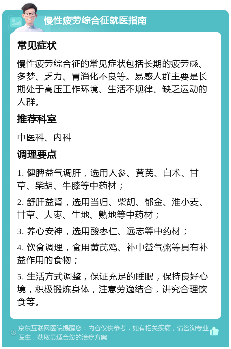 慢性疲劳综合征就医指南 常见症状 慢性疲劳综合征的常见症状包括长期的疲劳感、多梦、乏力、胃消化不良等。易感人群主要是长期处于高压工作环境、生活不规律、缺乏运动的人群。 推荐科室 中医科、内科 调理要点 1. 健脾益气调肝，选用人参、黄芪、白术、甘草、柴胡、牛膝等中药材； 2. 舒肝益肾，选用当归、柴胡、郁金、淮小麦、甘草、大枣、生地、熟地等中药材； 3. 养心安神，选用酸枣仁、远志等中药材； 4. 饮食调理，食用黄芪鸡、补中益气粥等具有补益作用的食物； 5. 生活方式调整，保证充足的睡眠，保持良好心境，积极锻炼身体，注意劳逸结合，讲究合理饮食等。