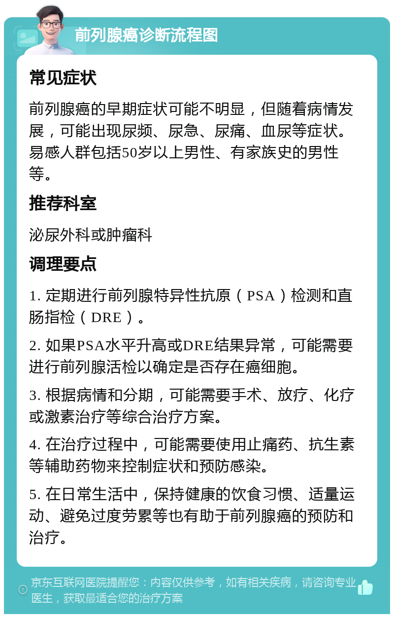 前列腺癌诊断流程图 常见症状 前列腺癌的早期症状可能不明显，但随着病情发展，可能出现尿频、尿急、尿痛、血尿等症状。易感人群包括50岁以上男性、有家族史的男性等。 推荐科室 泌尿外科或肿瘤科 调理要点 1. 定期进行前列腺特异性抗原（PSA）检测和直肠指检（DRE）。 2. 如果PSA水平升高或DRE结果异常，可能需要进行前列腺活检以确定是否存在癌细胞。 3. 根据病情和分期，可能需要手术、放疗、化疗或激素治疗等综合治疗方案。 4. 在治疗过程中，可能需要使用止痛药、抗生素等辅助药物来控制症状和预防感染。 5. 在日常生活中，保持健康的饮食习惯、适量运动、避免过度劳累等也有助于前列腺癌的预防和治疗。