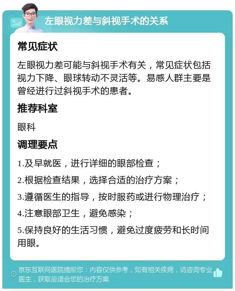 左眼视力差与斜视手术的关系 常见症状 左眼视力差可能与斜视手术有关，常见症状包括视力下降、眼球转动不灵活等。易感人群主要是曾经进行过斜视手术的患者。 推荐科室 眼科 调理要点 1.及早就医，进行详细的眼部检查； 2.根据检查结果，选择合适的治疗方案； 3.遵循医生的指导，按时服药或进行物理治疗； 4.注意眼部卫生，避免感染； 5.保持良好的生活习惯，避免过度疲劳和长时间用眼。