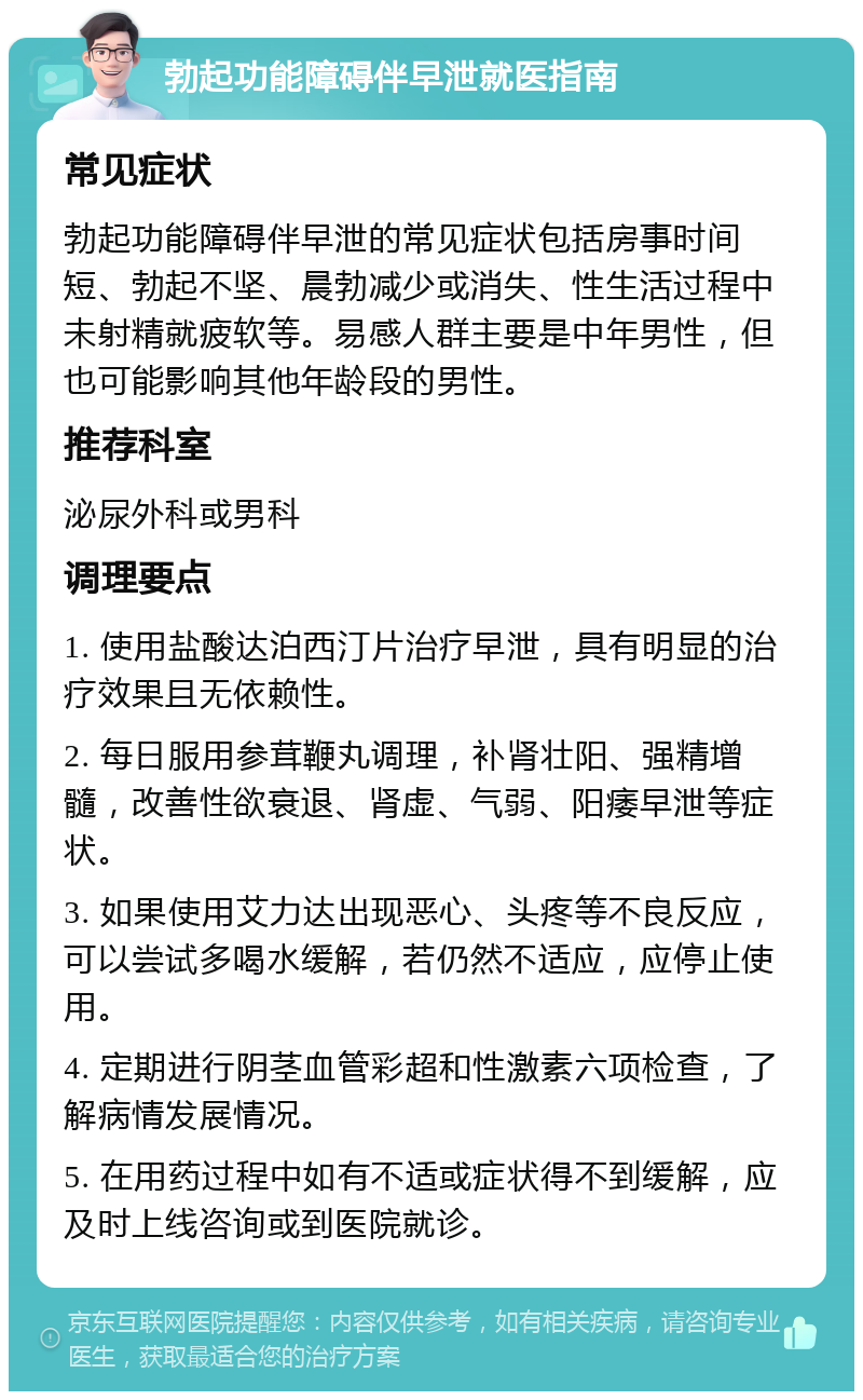 勃起功能障碍伴早泄就医指南 常见症状 勃起功能障碍伴早泄的常见症状包括房事时间短、勃起不坚、晨勃减少或消失、性生活过程中未射精就疲软等。易感人群主要是中年男性，但也可能影响其他年龄段的男性。 推荐科室 泌尿外科或男科 调理要点 1. 使用盐酸达泊西汀片治疗早泄，具有明显的治疗效果且无依赖性。 2. 每日服用参茸鞭丸调理，补肾壮阳、强精增髓，改善性欲衰退、肾虚、气弱、阳痿早泄等症状。 3. 如果使用艾力达出现恶心、头疼等不良反应，可以尝试多喝水缓解，若仍然不适应，应停止使用。 4. 定期进行阴茎血管彩超和性激素六项检查，了解病情发展情况。 5. 在用药过程中如有不适或症状得不到缓解，应及时上线咨询或到医院就诊。