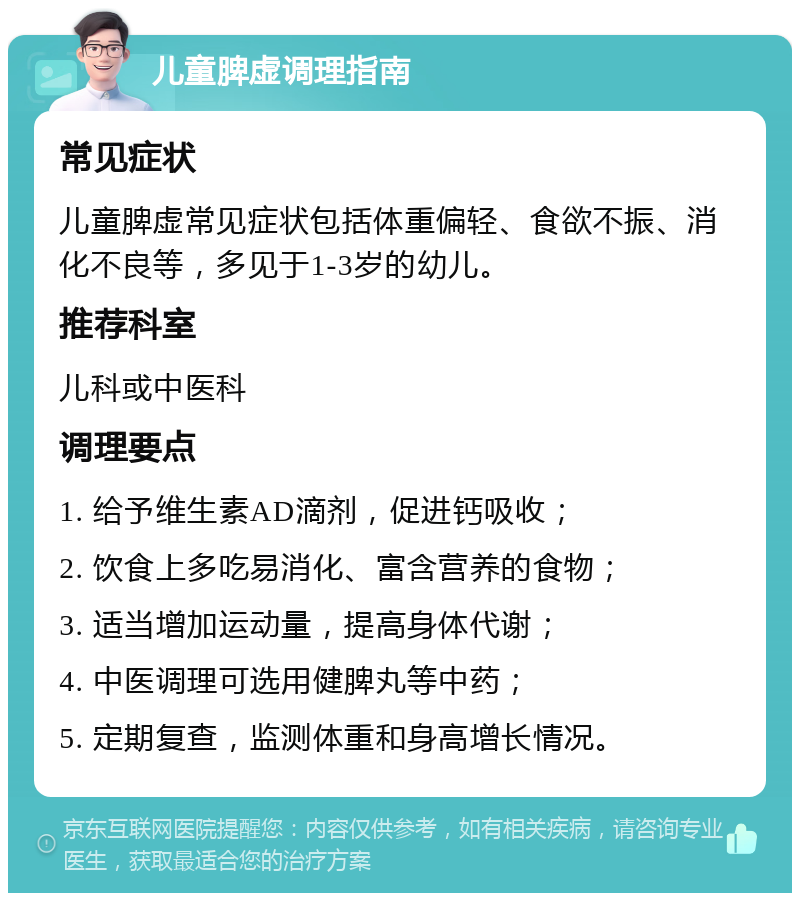 儿童脾虚调理指南 常见症状 儿童脾虚常见症状包括体重偏轻、食欲不振、消化不良等，多见于1-3岁的幼儿。 推荐科室 儿科或中医科 调理要点 1. 给予维生素AD滴剂，促进钙吸收； 2. 饮食上多吃易消化、富含营养的食物； 3. 适当增加运动量，提高身体代谢； 4. 中医调理可选用健脾丸等中药； 5. 定期复查，监测体重和身高增长情况。