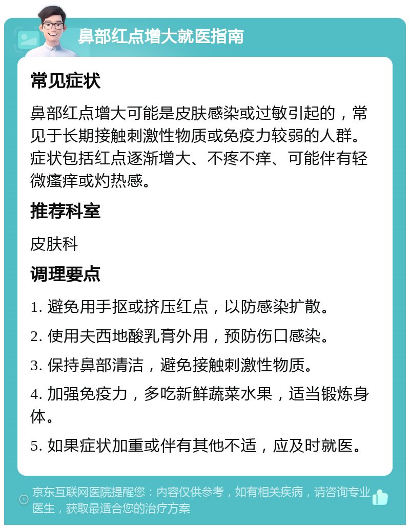 鼻部红点增大就医指南 常见症状 鼻部红点增大可能是皮肤感染或过敏引起的，常见于长期接触刺激性物质或免疫力较弱的人群。症状包括红点逐渐增大、不疼不痒、可能伴有轻微瘙痒或灼热感。 推荐科室 皮肤科 调理要点 1. 避免用手抠或挤压红点，以防感染扩散。 2. 使用夫西地酸乳膏外用，预防伤口感染。 3. 保持鼻部清洁，避免接触刺激性物质。 4. 加强免疫力，多吃新鲜蔬菜水果，适当锻炼身体。 5. 如果症状加重或伴有其他不适，应及时就医。