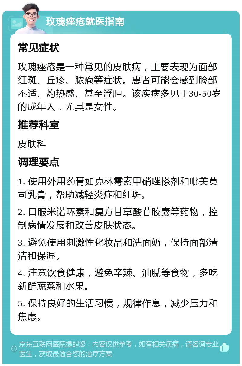 玫瑰痤疮就医指南 常见症状 玫瑰痤疮是一种常见的皮肤病，主要表现为面部红斑、丘疹、脓疱等症状。患者可能会感到脸部不适、灼热感、甚至浮肿。该疾病多见于30-50岁的成年人，尤其是女性。 推荐科室 皮肤科 调理要点 1. 使用外用药膏如克林霉素甲硝唑搽剂和吡美莫司乳膏，帮助减轻炎症和红斑。 2. 口服米诺环素和复方甘草酸苷胶囊等药物，控制病情发展和改善皮肤状态。 3. 避免使用刺激性化妆品和洗面奶，保持面部清洁和保湿。 4. 注意饮食健康，避免辛辣、油腻等食物，多吃新鲜蔬菜和水果。 5. 保持良好的生活习惯，规律作息，减少压力和焦虑。