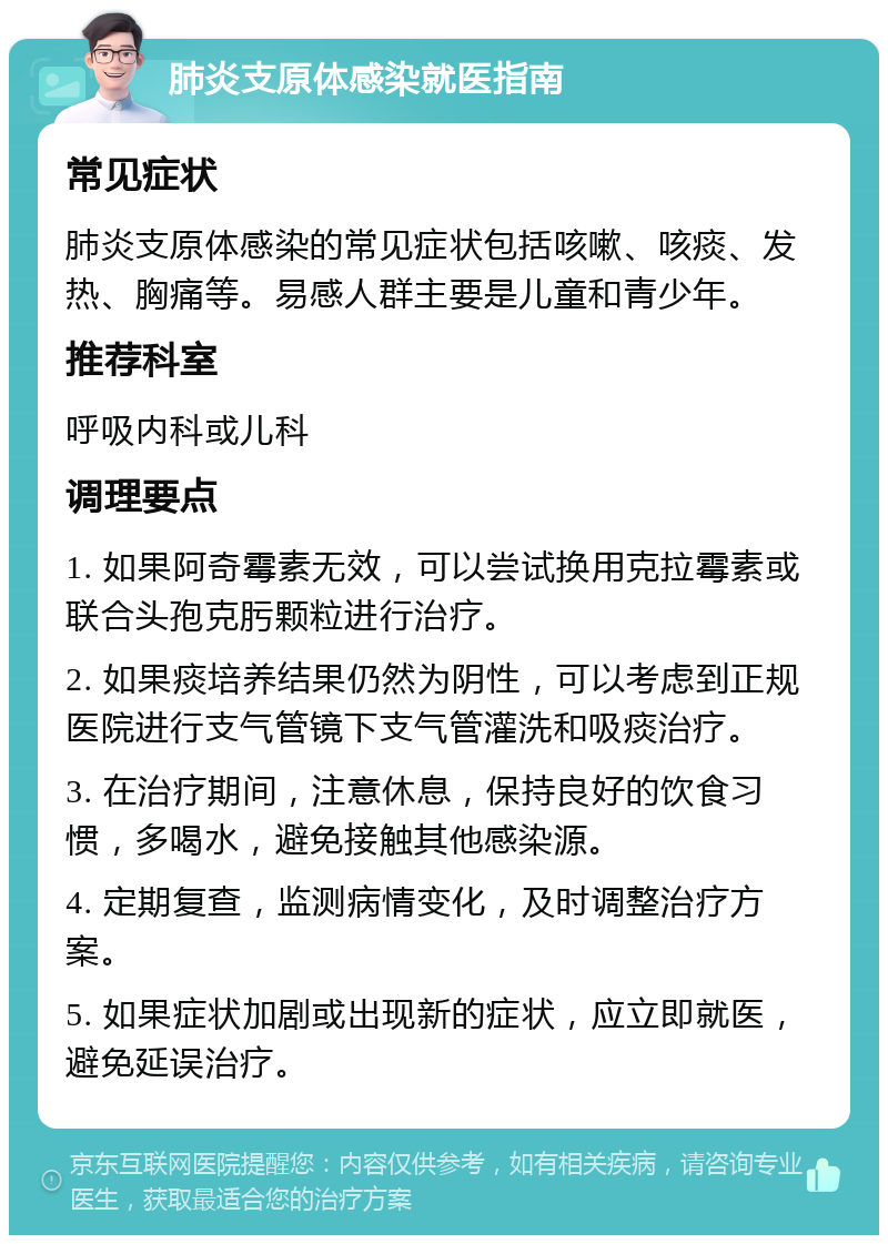 肺炎支原体感染就医指南 常见症状 肺炎支原体感染的常见症状包括咳嗽、咳痰、发热、胸痛等。易感人群主要是儿童和青少年。 推荐科室 呼吸内科或儿科 调理要点 1. 如果阿奇霉素无效，可以尝试换用克拉霉素或联合头孢克肟颗粒进行治疗。 2. 如果痰培养结果仍然为阴性，可以考虑到正规医院进行支气管镜下支气管灌洗和吸痰治疗。 3. 在治疗期间，注意休息，保持良好的饮食习惯，多喝水，避免接触其他感染源。 4. 定期复查，监测病情变化，及时调整治疗方案。 5. 如果症状加剧或出现新的症状，应立即就医，避免延误治疗。