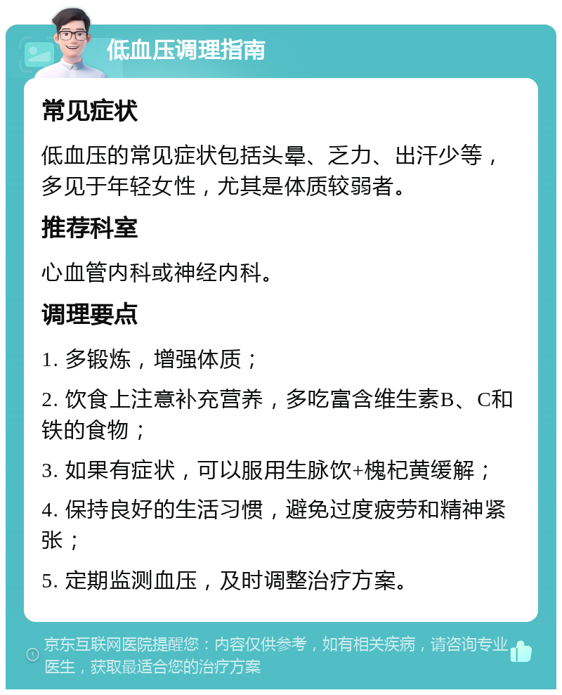 低血压调理指南 常见症状 低血压的常见症状包括头晕、乏力、出汗少等，多见于年轻女性，尤其是体质较弱者。 推荐科室 心血管内科或神经内科。 调理要点 1. 多锻炼，增强体质； 2. 饮食上注意补充营养，多吃富含维生素B、C和铁的食物； 3. 如果有症状，可以服用生脉饮+槐杞黄缓解； 4. 保持良好的生活习惯，避免过度疲劳和精神紧张； 5. 定期监测血压，及时调整治疗方案。