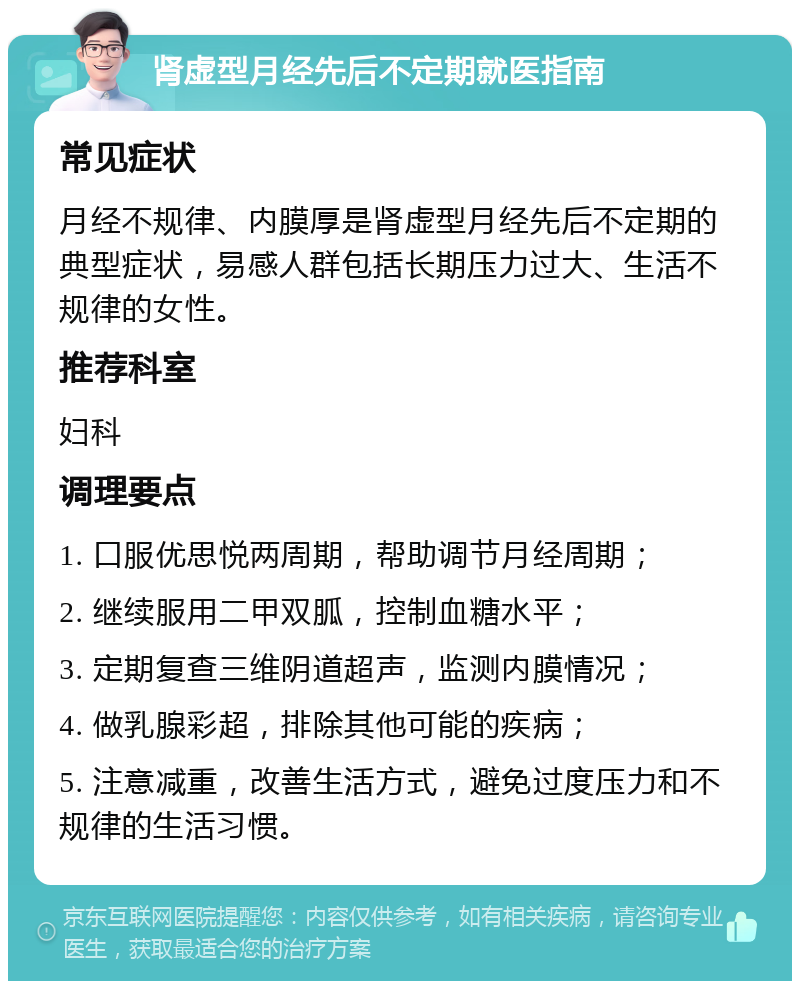 肾虚型月经先后不定期就医指南 常见症状 月经不规律、内膜厚是肾虚型月经先后不定期的典型症状，易感人群包括长期压力过大、生活不规律的女性。 推荐科室 妇科 调理要点 1. 口服优思悦两周期，帮助调节月经周期； 2. 继续服用二甲双胍，控制血糖水平； 3. 定期复查三维阴道超声，监测内膜情况； 4. 做乳腺彩超，排除其他可能的疾病； 5. 注意减重，改善生活方式，避免过度压力和不规律的生活习惯。