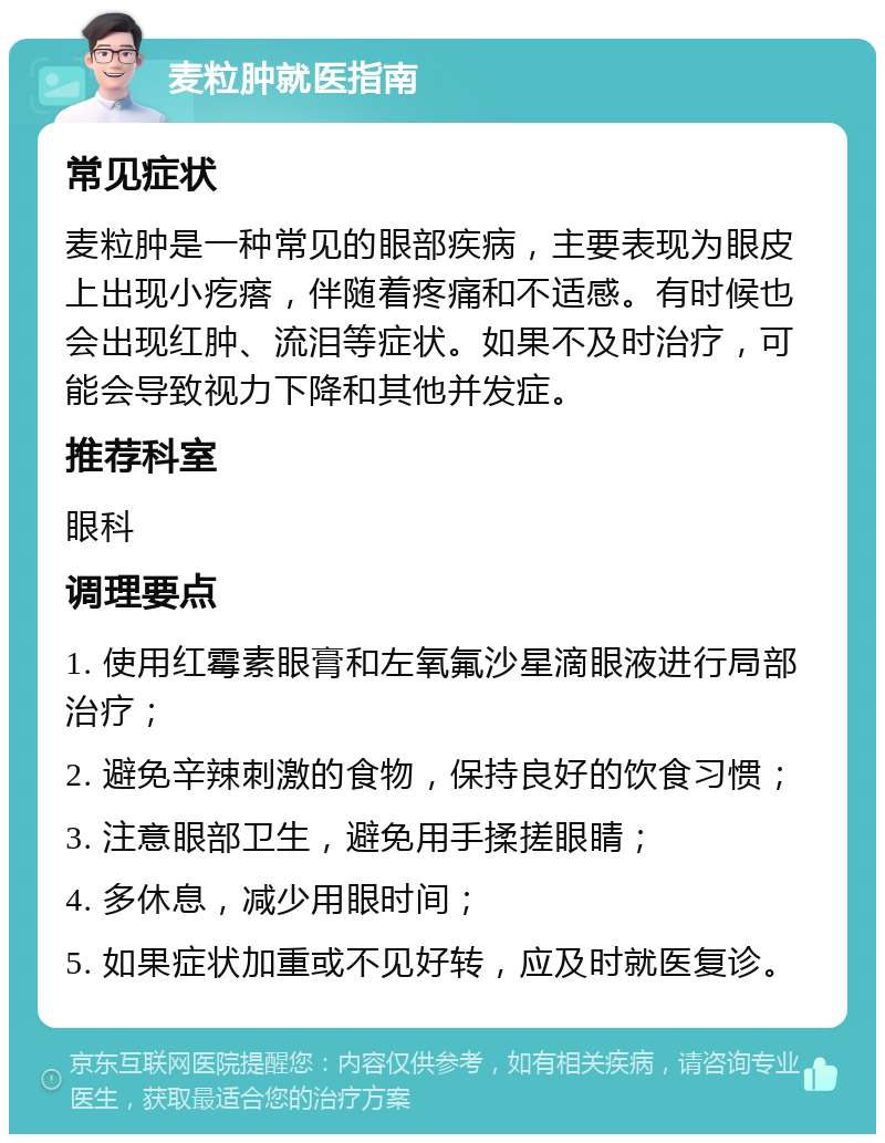 麦粒肿就医指南 常见症状 麦粒肿是一种常见的眼部疾病，主要表现为眼皮上出现小疙瘩，伴随着疼痛和不适感。有时候也会出现红肿、流泪等症状。如果不及时治疗，可能会导致视力下降和其他并发症。 推荐科室 眼科 调理要点 1. 使用红霉素眼膏和左氧氟沙星滴眼液进行局部治疗； 2. 避免辛辣刺激的食物，保持良好的饮食习惯； 3. 注意眼部卫生，避免用手揉搓眼睛； 4. 多休息，减少用眼时间； 5. 如果症状加重或不见好转，应及时就医复诊。