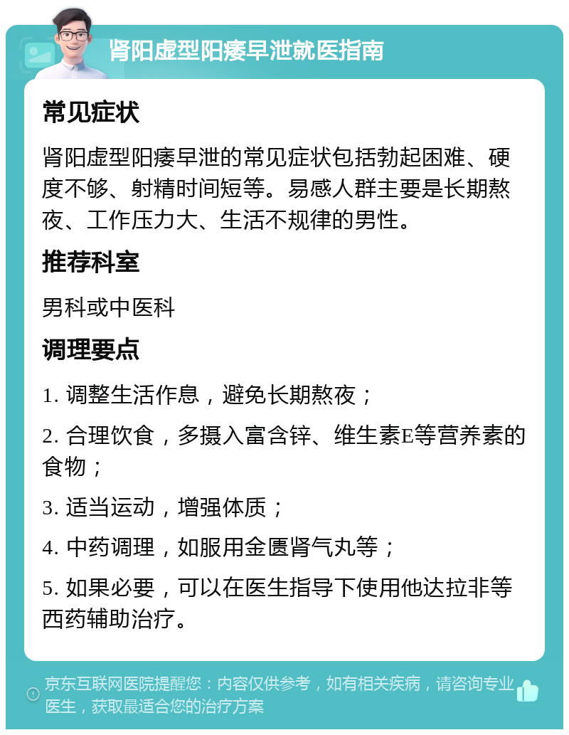 肾阳虚型阳痿早泄就医指南 常见症状 肾阳虚型阳痿早泄的常见症状包括勃起困难、硬度不够、射精时间短等。易感人群主要是长期熬夜、工作压力大、生活不规律的男性。 推荐科室 男科或中医科 调理要点 1. 调整生活作息，避免长期熬夜； 2. 合理饮食，多摄入富含锌、维生素E等营养素的食物； 3. 适当运动，增强体质； 4. 中药调理，如服用金匮肾气丸等； 5. 如果必要，可以在医生指导下使用他达拉非等西药辅助治疗。