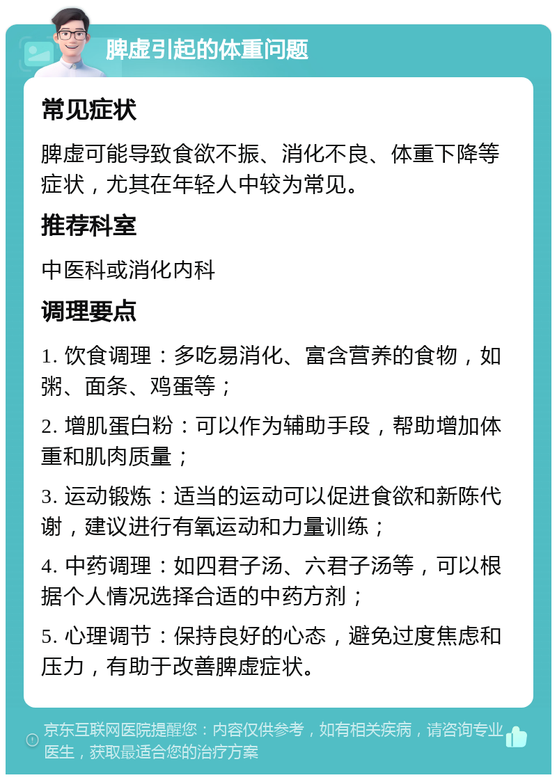 脾虚引起的体重问题 常见症状 脾虚可能导致食欲不振、消化不良、体重下降等症状，尤其在年轻人中较为常见。 推荐科室 中医科或消化内科 调理要点 1. 饮食调理：多吃易消化、富含营养的食物，如粥、面条、鸡蛋等； 2. 增肌蛋白粉：可以作为辅助手段，帮助增加体重和肌肉质量； 3. 运动锻炼：适当的运动可以促进食欲和新陈代谢，建议进行有氧运动和力量训练； 4. 中药调理：如四君子汤、六君子汤等，可以根据个人情况选择合适的中药方剂； 5. 心理调节：保持良好的心态，避免过度焦虑和压力，有助于改善脾虚症状。