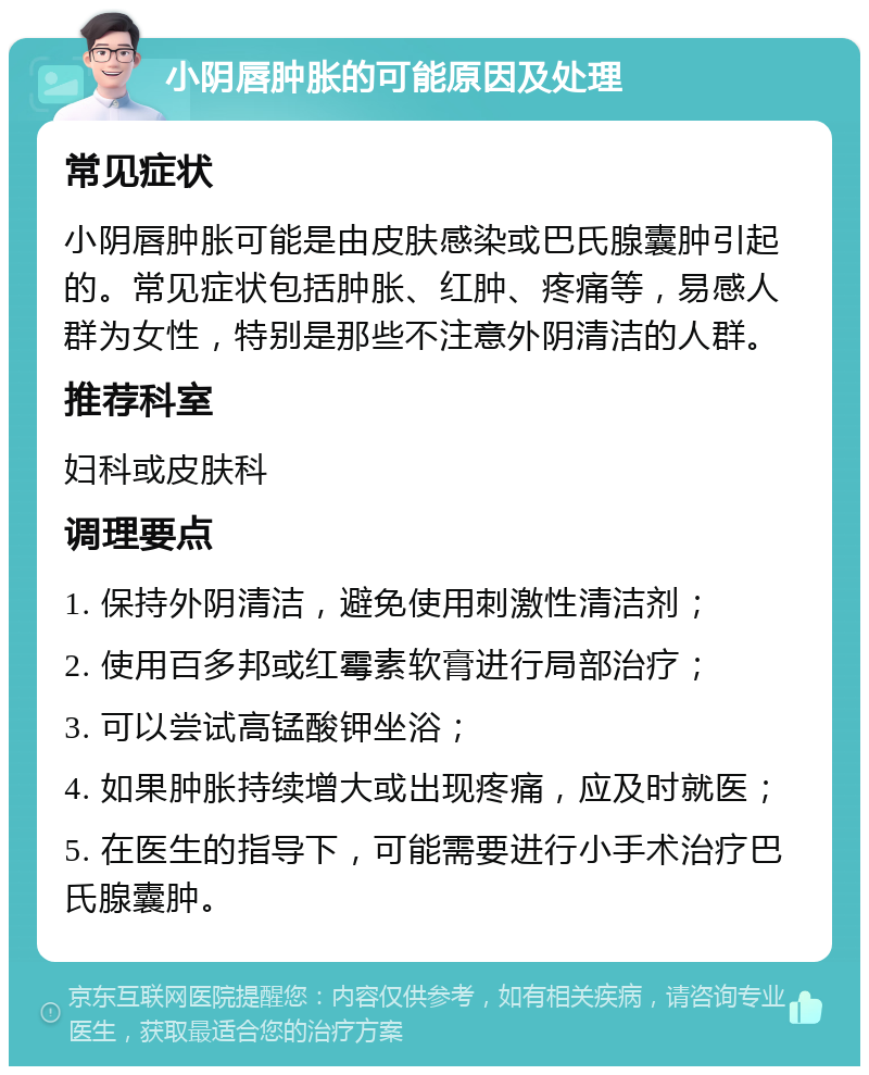 小阴唇肿胀的可能原因及处理 常见症状 小阴唇肿胀可能是由皮肤感染或巴氏腺囊肿引起的。常见症状包括肿胀、红肿、疼痛等，易感人群为女性，特别是那些不注意外阴清洁的人群。 推荐科室 妇科或皮肤科 调理要点 1. 保持外阴清洁，避免使用刺激性清洁剂； 2. 使用百多邦或红霉素软膏进行局部治疗； 3. 可以尝试高锰酸钾坐浴； 4. 如果肿胀持续增大或出现疼痛，应及时就医； 5. 在医生的指导下，可能需要进行小手术治疗巴氏腺囊肿。