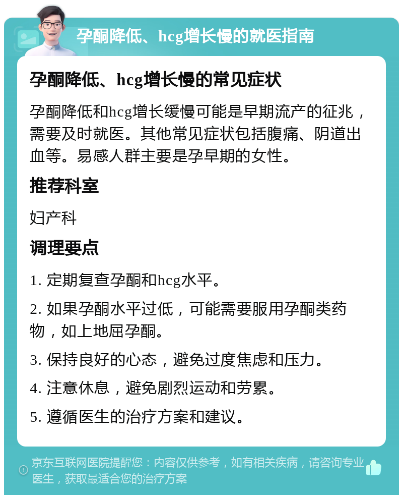 孕酮降低、hcg增长慢的就医指南 孕酮降低、hcg增长慢的常见症状 孕酮降低和hcg增长缓慢可能是早期流产的征兆，需要及时就医。其他常见症状包括腹痛、阴道出血等。易感人群主要是孕早期的女性。 推荐科室 妇产科 调理要点 1. 定期复查孕酮和hcg水平。 2. 如果孕酮水平过低，可能需要服用孕酮类药物，如上地屈孕酮。 3. 保持良好的心态，避免过度焦虑和压力。 4. 注意休息，避免剧烈运动和劳累。 5. 遵循医生的治疗方案和建议。