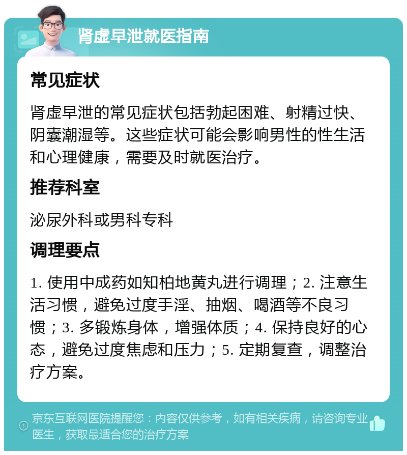 肾虚早泄就医指南 常见症状 肾虚早泄的常见症状包括勃起困难、射精过快、阴囊潮湿等。这些症状可能会影响男性的性生活和心理健康，需要及时就医治疗。 推荐科室 泌尿外科或男科专科 调理要点 1. 使用中成药如知柏地黄丸进行调理；2. 注意生活习惯，避免过度手淫、抽烟、喝酒等不良习惯；3. 多锻炼身体，增强体质；4. 保持良好的心态，避免过度焦虑和压力；5. 定期复查，调整治疗方案。