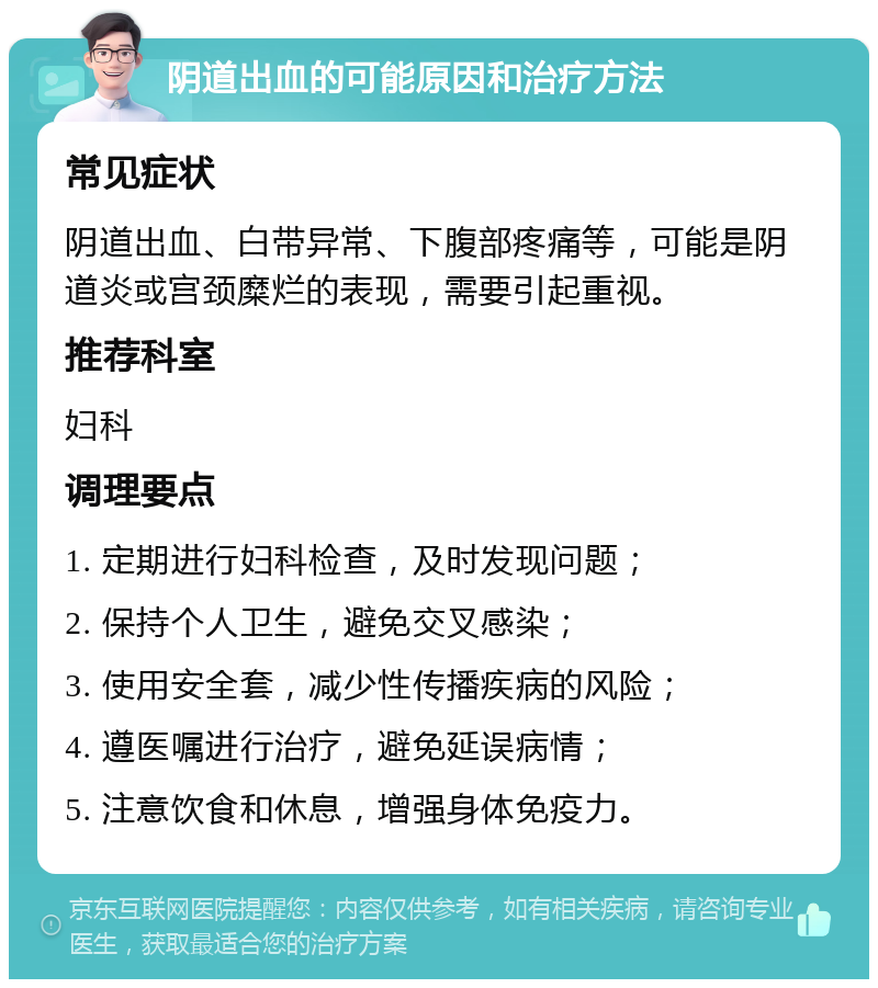 阴道出血的可能原因和治疗方法 常见症状 阴道出血、白带异常、下腹部疼痛等，可能是阴道炎或宫颈糜烂的表现，需要引起重视。 推荐科室 妇科 调理要点 1. 定期进行妇科检查，及时发现问题； 2. 保持个人卫生，避免交叉感染； 3. 使用安全套，减少性传播疾病的风险； 4. 遵医嘱进行治疗，避免延误病情； 5. 注意饮食和休息，增强身体免疫力。