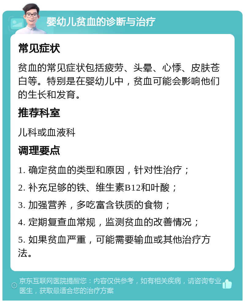 婴幼儿贫血的诊断与治疗 常见症状 贫血的常见症状包括疲劳、头晕、心悸、皮肤苍白等。特别是在婴幼儿中，贫血可能会影响他们的生长和发育。 推荐科室 儿科或血液科 调理要点 1. 确定贫血的类型和原因，针对性治疗； 2. 补充足够的铁、维生素B12和叶酸； 3. 加强营养，多吃富含铁质的食物； 4. 定期复查血常规，监测贫血的改善情况； 5. 如果贫血严重，可能需要输血或其他治疗方法。