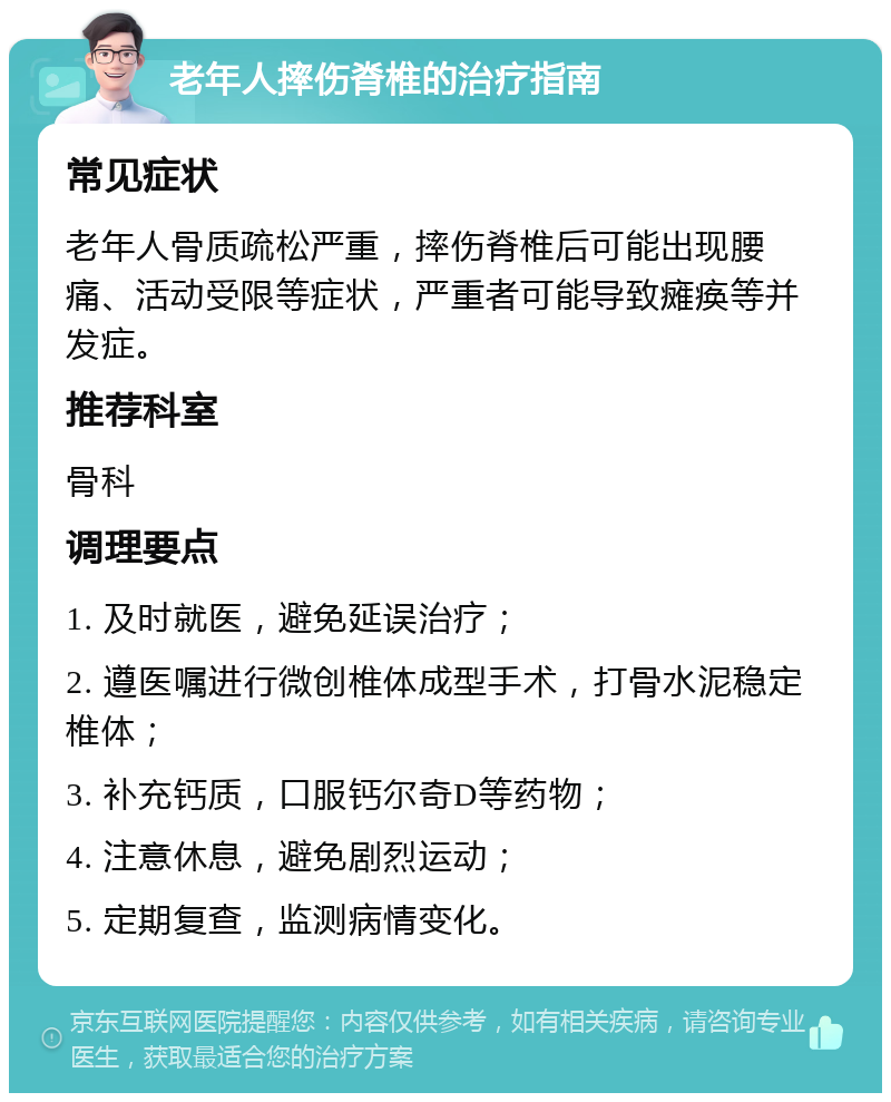 老年人摔伤脊椎的治疗指南 常见症状 老年人骨质疏松严重，摔伤脊椎后可能出现腰痛、活动受限等症状，严重者可能导致瘫痪等并发症。 推荐科室 骨科 调理要点 1. 及时就医，避免延误治疗； 2. 遵医嘱进行微创椎体成型手术，打骨水泥稳定椎体； 3. 补充钙质，口服钙尔奇D等药物； 4. 注意休息，避免剧烈运动； 5. 定期复查，监测病情变化。