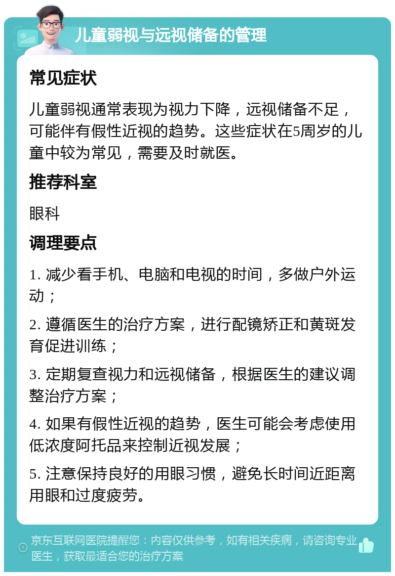 儿童弱视与远视储备的管理 常见症状 儿童弱视通常表现为视力下降，远视储备不足，可能伴有假性近视的趋势。这些症状在5周岁的儿童中较为常见，需要及时就医。 推荐科室 眼科 调理要点 1. 减少看手机、电脑和电视的时间，多做户外运动； 2. 遵循医生的治疗方案，进行配镜矫正和黄斑发育促进训练； 3. 定期复查视力和远视储备，根据医生的建议调整治疗方案； 4. 如果有假性近视的趋势，医生可能会考虑使用低浓度阿托品来控制近视发展； 5. 注意保持良好的用眼习惯，避免长时间近距离用眼和过度疲劳。