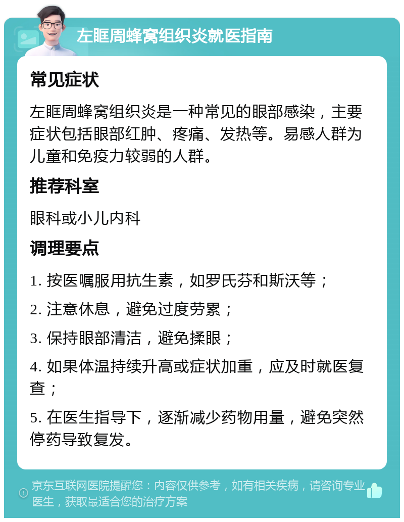 左眶周蜂窝组织炎就医指南 常见症状 左眶周蜂窝组织炎是一种常见的眼部感染，主要症状包括眼部红肿、疼痛、发热等。易感人群为儿童和免疫力较弱的人群。 推荐科室 眼科或小儿内科 调理要点 1. 按医嘱服用抗生素，如罗氏芬和斯沃等； 2. 注意休息，避免过度劳累； 3. 保持眼部清洁，避免揉眼； 4. 如果体温持续升高或症状加重，应及时就医复查； 5. 在医生指导下，逐渐减少药物用量，避免突然停药导致复发。