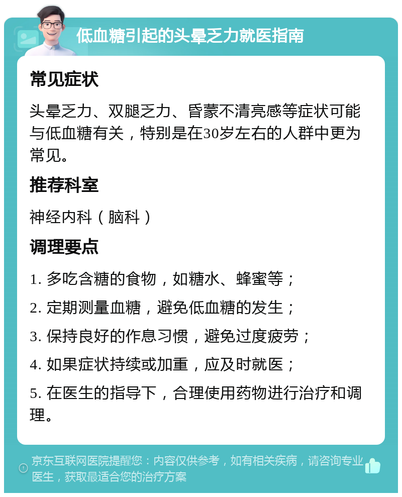 低血糖引起的头晕乏力就医指南 常见症状 头晕乏力、双腿乏力、昏蒙不清亮感等症状可能与低血糖有关，特别是在30岁左右的人群中更为常见。 推荐科室 神经内科（脑科） 调理要点 1. 多吃含糖的食物，如糖水、蜂蜜等； 2. 定期测量血糖，避免低血糖的发生； 3. 保持良好的作息习惯，避免过度疲劳； 4. 如果症状持续或加重，应及时就医； 5. 在医生的指导下，合理使用药物进行治疗和调理。