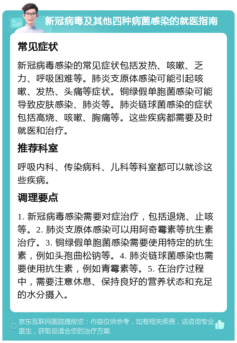 新冠病毒及其他四种病菌感染的就医指南 常见症状 新冠病毒感染的常见症状包括发热、咳嗽、乏力、呼吸困难等。肺炎支原体感染可能引起咳嗽、发热、头痛等症状。铜绿假单胞菌感染可能导致皮肤感染、肺炎等。肺炎链球菌感染的症状包括高烧、咳嗽、胸痛等。这些疾病都需要及时就医和治疗。 推荐科室 呼吸内科、传染病科、儿科等科室都可以就诊这些疾病。 调理要点 1. 新冠病毒感染需要对症治疗，包括退烧、止咳等。2. 肺炎支原体感染可以用阿奇霉素等抗生素治疗。3. 铜绿假单胞菌感染需要使用特定的抗生素，例如头孢曲松钠等。4. 肺炎链球菌感染也需要使用抗生素，例如青霉素等。5. 在治疗过程中，需要注意休息、保持良好的营养状态和充足的水分摄入。