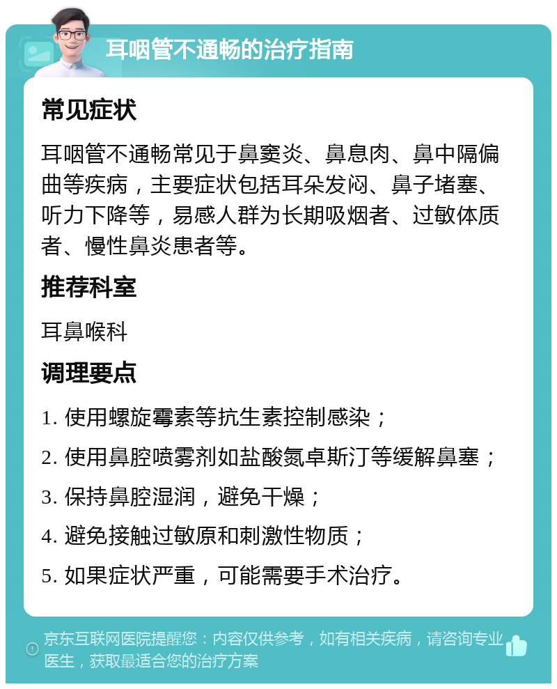 耳咽管不通畅的治疗指南 常见症状 耳咽管不通畅常见于鼻窦炎、鼻息肉、鼻中隔偏曲等疾病，主要症状包括耳朵发闷、鼻子堵塞、听力下降等，易感人群为长期吸烟者、过敏体质者、慢性鼻炎患者等。 推荐科室 耳鼻喉科 调理要点 1. 使用螺旋霉素等抗生素控制感染； 2. 使用鼻腔喷雾剂如盐酸氮卓斯汀等缓解鼻塞； 3. 保持鼻腔湿润，避免干燥； 4. 避免接触过敏原和刺激性物质； 5. 如果症状严重，可能需要手术治疗。