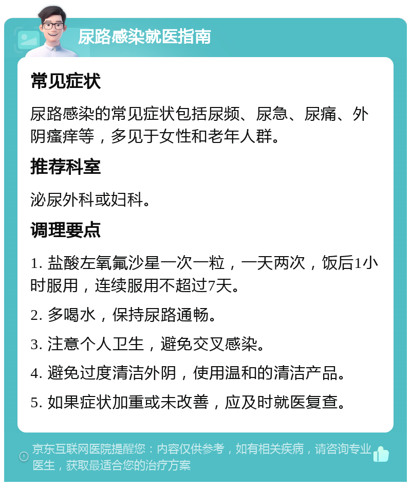 尿路感染就医指南 常见症状 尿路感染的常见症状包括尿频、尿急、尿痛、外阴瘙痒等，多见于女性和老年人群。 推荐科室 泌尿外科或妇科。 调理要点 1. 盐酸左氧氟沙星一次一粒，一天两次，饭后1小时服用，连续服用不超过7天。 2. 多喝水，保持尿路通畅。 3. 注意个人卫生，避免交叉感染。 4. 避免过度清洁外阴，使用温和的清洁产品。 5. 如果症状加重或未改善，应及时就医复查。