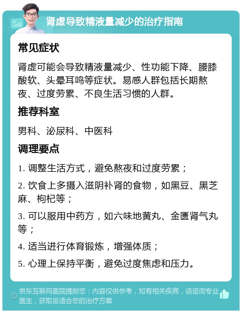 肾虚导致精液量减少的治疗指南 常见症状 肾虚可能会导致精液量减少、性功能下降、腰膝酸软、头晕耳鸣等症状。易感人群包括长期熬夜、过度劳累、不良生活习惯的人群。 推荐科室 男科、泌尿科、中医科 调理要点 1. 调整生活方式，避免熬夜和过度劳累； 2. 饮食上多摄入滋阴补肾的食物，如黑豆、黑芝麻、枸杞等； 3. 可以服用中药方，如六味地黄丸、金匮肾气丸等； 4. 适当进行体育锻炼，增强体质； 5. 心理上保持平衡，避免过度焦虑和压力。