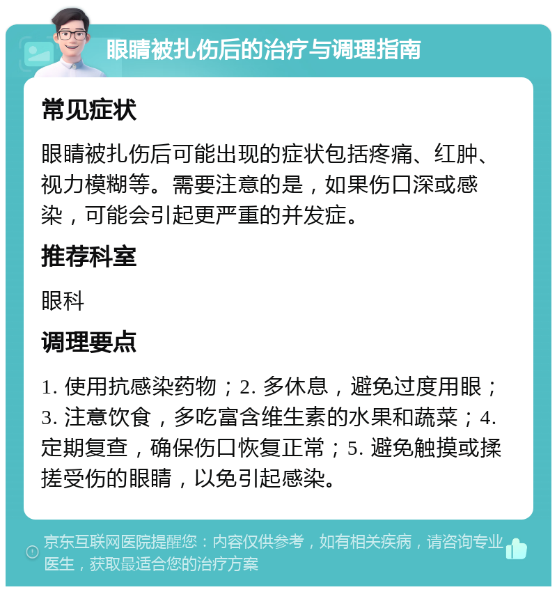 眼睛被扎伤后的治疗与调理指南 常见症状 眼睛被扎伤后可能出现的症状包括疼痛、红肿、视力模糊等。需要注意的是，如果伤口深或感染，可能会引起更严重的并发症。 推荐科室 眼科 调理要点 1. 使用抗感染药物；2. 多休息，避免过度用眼；3. 注意饮食，多吃富含维生素的水果和蔬菜；4. 定期复查，确保伤口恢复正常；5. 避免触摸或揉搓受伤的眼睛，以免引起感染。