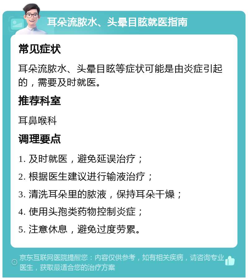 耳朵流脓水、头晕目眩就医指南 常见症状 耳朵流脓水、头晕目眩等症状可能是由炎症引起的，需要及时就医。 推荐科室 耳鼻喉科 调理要点 1. 及时就医，避免延误治疗； 2. 根据医生建议进行输液治疗； 3. 清洗耳朵里的脓液，保持耳朵干燥； 4. 使用头孢类药物控制炎症； 5. 注意休息，避免过度劳累。