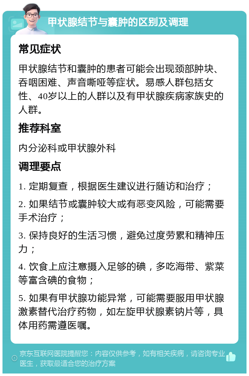 甲状腺结节与囊肿的区别及调理 常见症状 甲状腺结节和囊肿的患者可能会出现颈部肿块、吞咽困难、声音嘶哑等症状。易感人群包括女性、40岁以上的人群以及有甲状腺疾病家族史的人群。 推荐科室 内分泌科或甲状腺外科 调理要点 1. 定期复查，根据医生建议进行随访和治疗； 2. 如果结节或囊肿较大或有恶变风险，可能需要手术治疗； 3. 保持良好的生活习惯，避免过度劳累和精神压力； 4. 饮食上应注意摄入足够的碘，多吃海带、紫菜等富含碘的食物； 5. 如果有甲状腺功能异常，可能需要服用甲状腺激素替代治疗药物，如左旋甲状腺素钠片等，具体用药需遵医嘱。